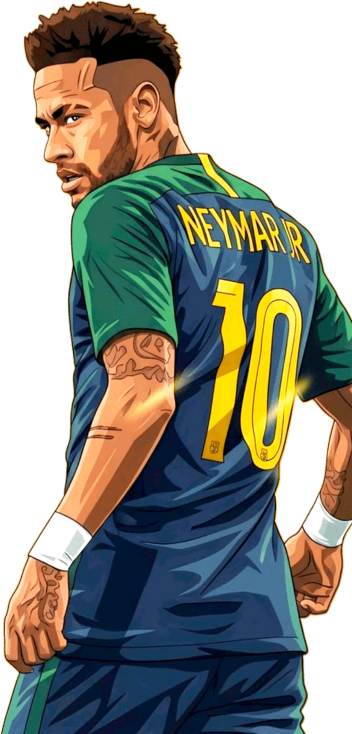 Neymar Jr in the Brazil kit, looking over his shoulder